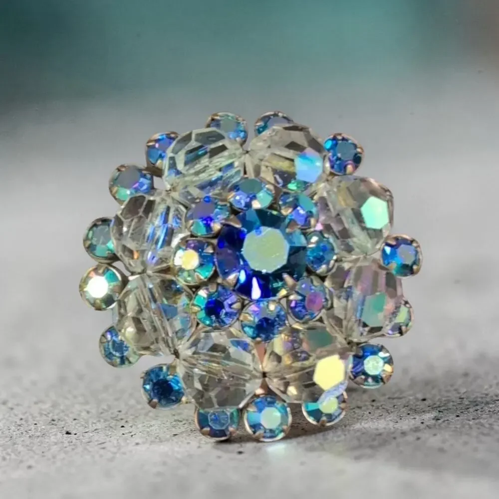 Vintage Blue Aurora Borealis Rhinestone Crystal Bead Flower Brooch Silver Tone